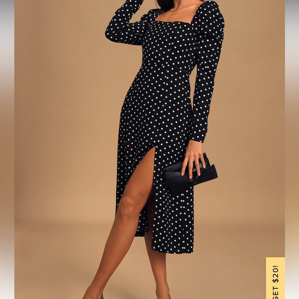 Lulus Charmed and Classy Black Polka Dot Long Sleeve Midi Dress